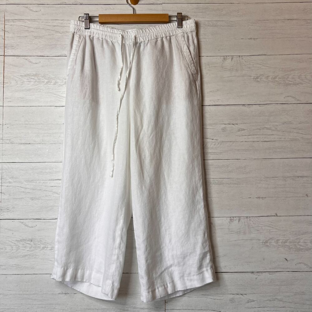 Talbots Pants Womens Size 8 White 100% Linen Wide Leg Cropped Drawstring Travel
